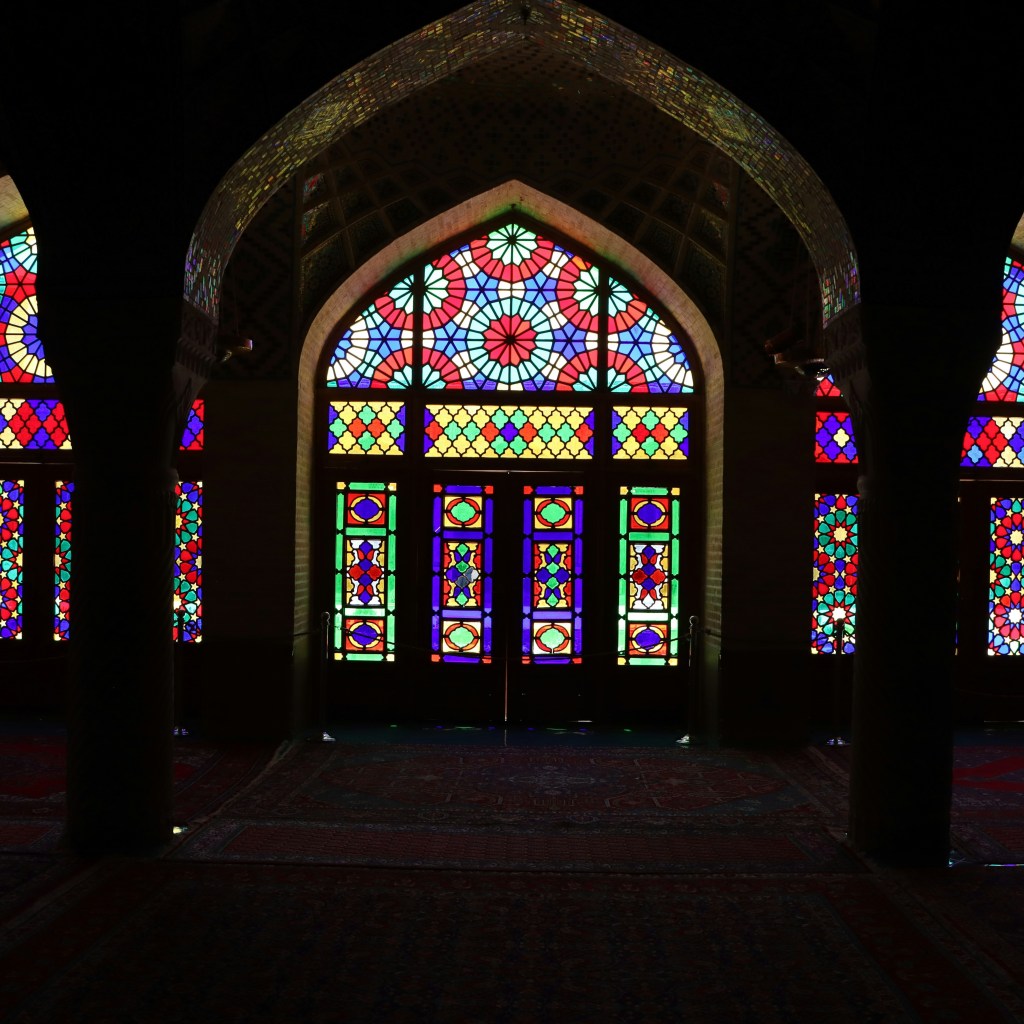 Stained glass windows in an Iranian mosque.