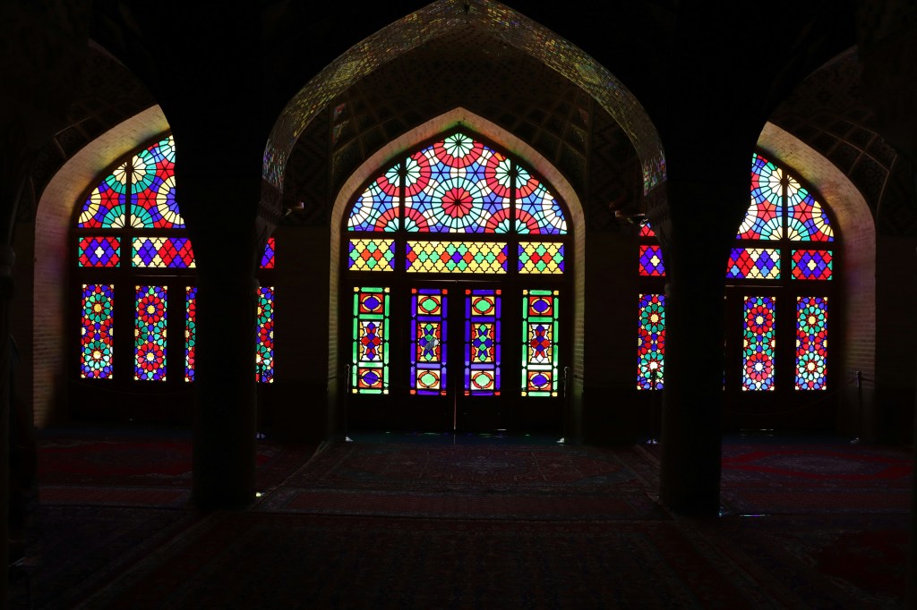 Stained glass windows in an Iranian mosque.